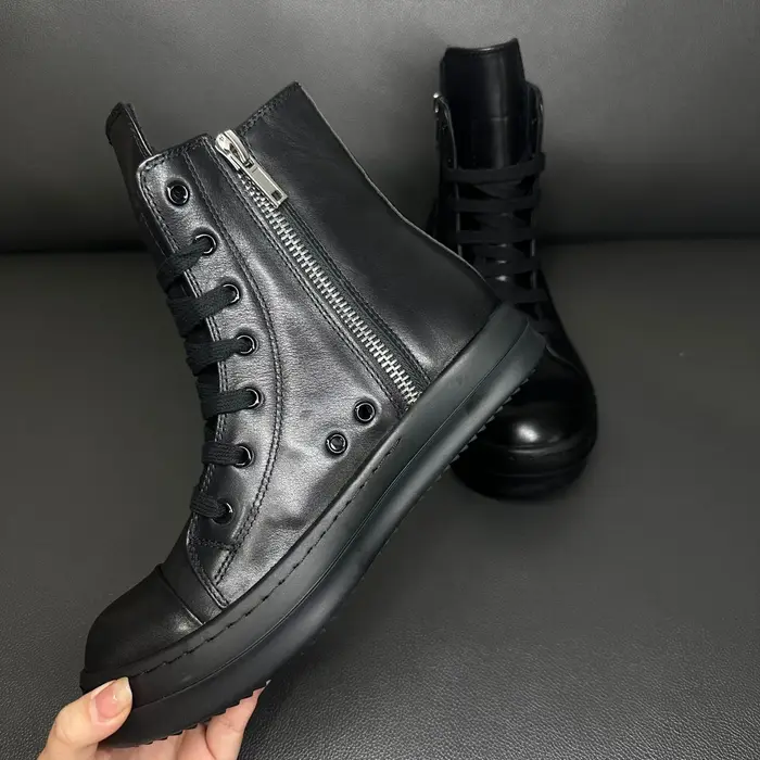 Baskets montantes décontractées pour hommes en cuir noir avec fermeture éclair et lacets fins