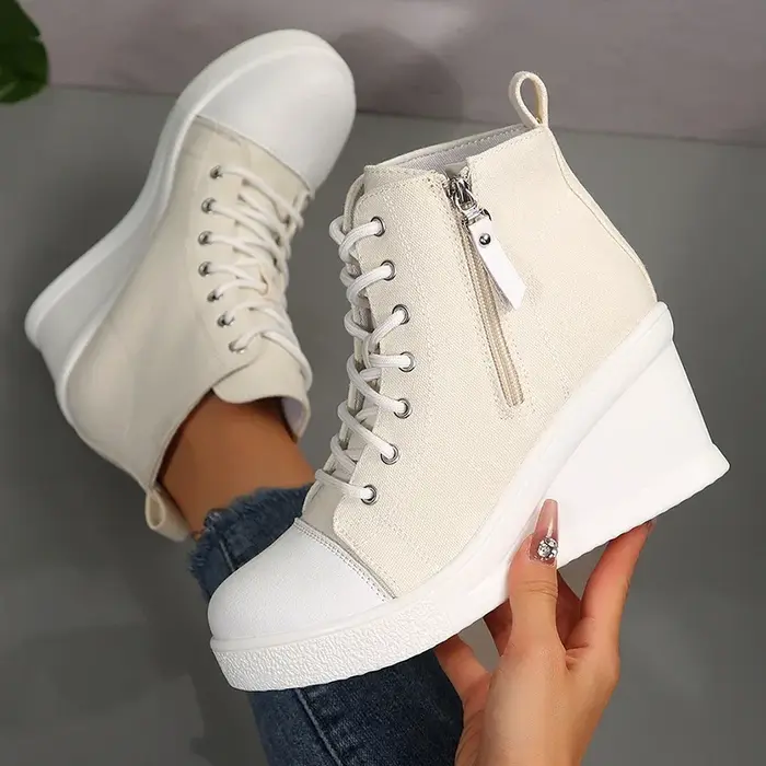 Mélange de couleurs blanc noir haut chaussures en toile compensées femme automne 2025 à lacets plate