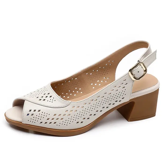 Sandales ouvertes en cuir véritable pour femmes, chaussures d'été creuses, talons temporels, grande