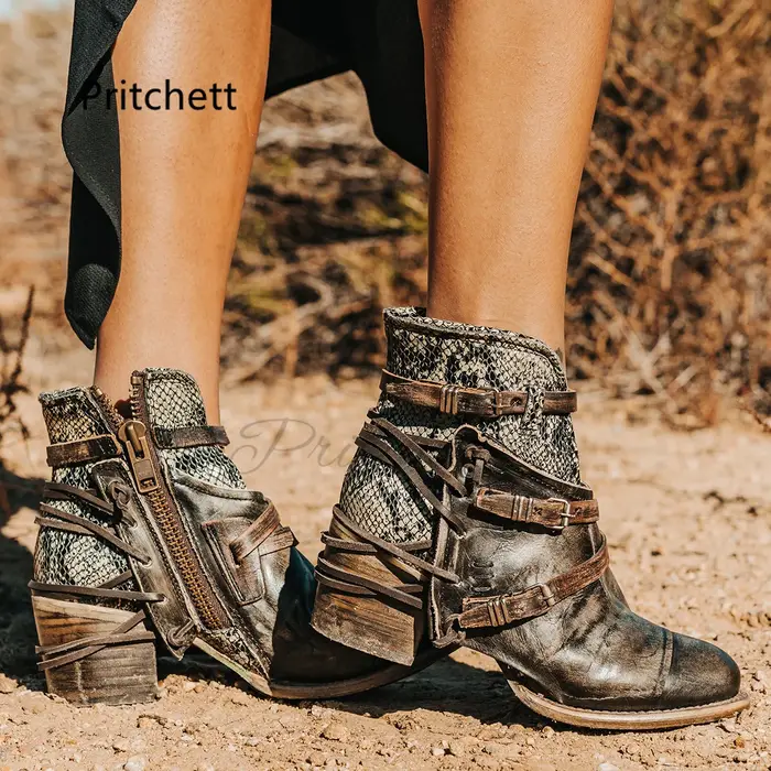 Bottes western vintage en cuir véritable pour hommes et femmes, bottes de rinçage, bottes rondes Par