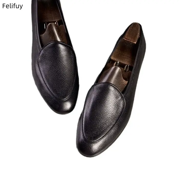 Chaussures décontractées noires pour hommes en cuir véritable à enfiler