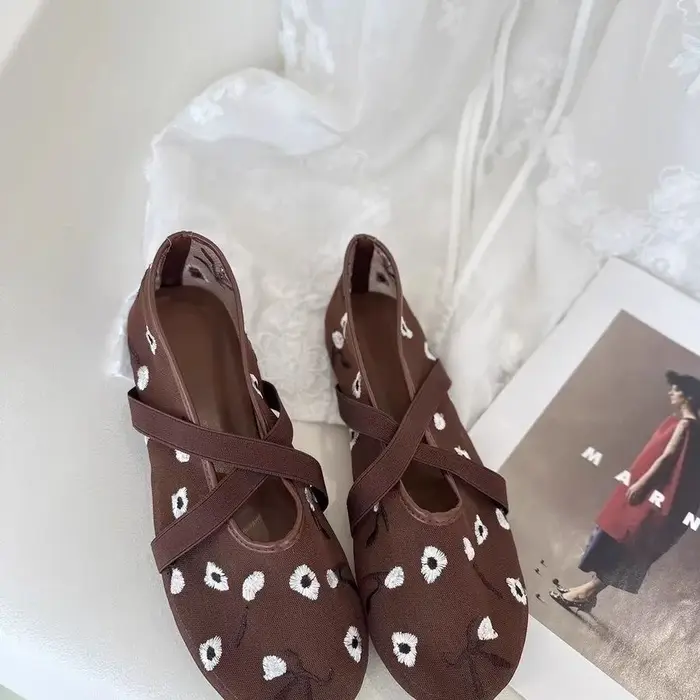 Chaussures de danse plates brodées en maille à bout rond pour femmes 2026