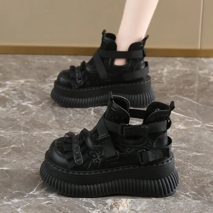 Baskets en dentelle à fond épais pour femmes, escarpins avec boucle de ceinture, élégantes, conforta
