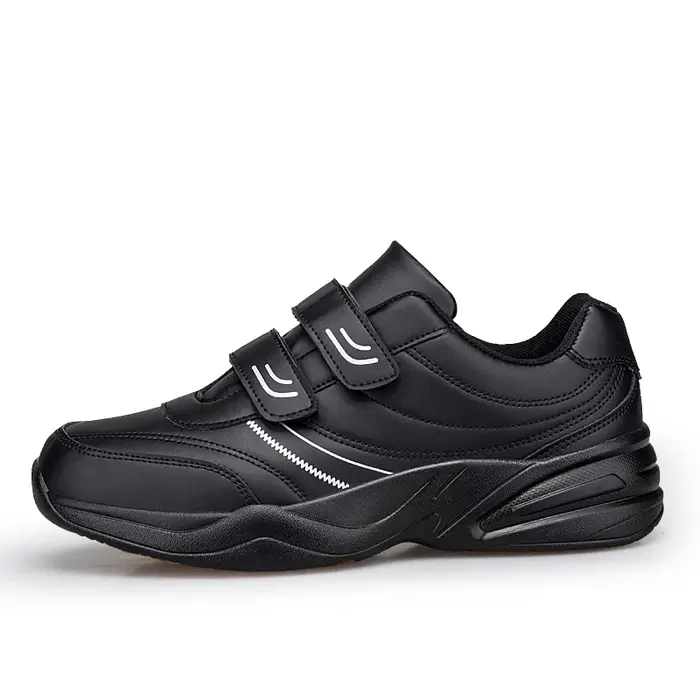 Chaussures de sport décontractées en cuir noir pur pour hommes, ajustables avec fermeture auto-agrip