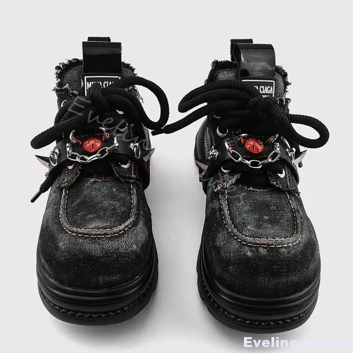 Evil Eye Punk Denim chaussures femmes décoration en métal bout rond plate-forme croix liée chaussure