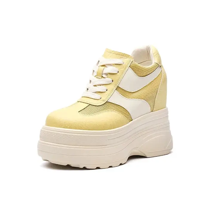 Baskets blanches en cuir pour femmes, talon compensé de 11 cm, respirantes, en maille, à enfiler, av