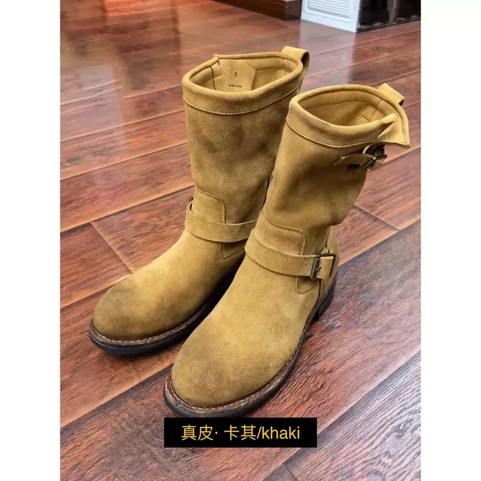 Bottes de travail en daim kaki vintage faites à la main pour hommes et femmes