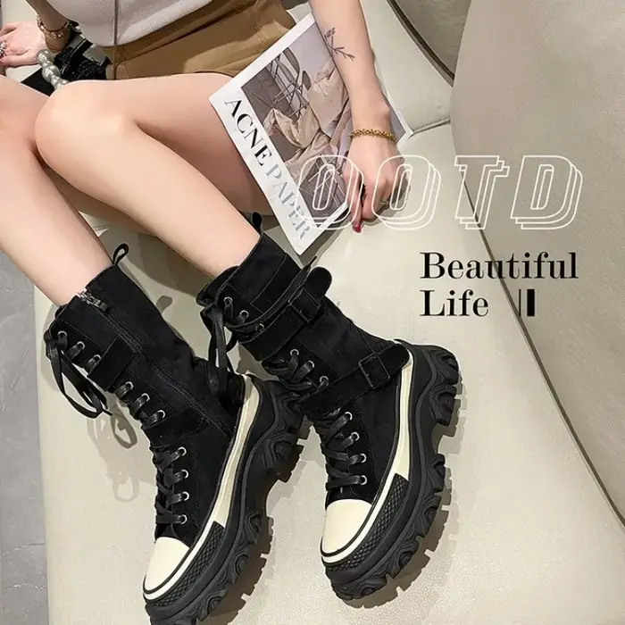 Rock Shoes – bottes de luxe à talons plats pour femme, chaussures de styliste, bout rond, mode automne 20224, cheville Med, tissu en coton à enfiler