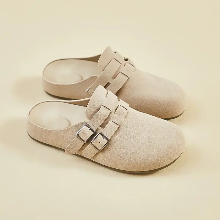 Chaussures en daim pour femmes, Mules plates, Design à boucle, couvre-orteils à enfiler, mode d'été 