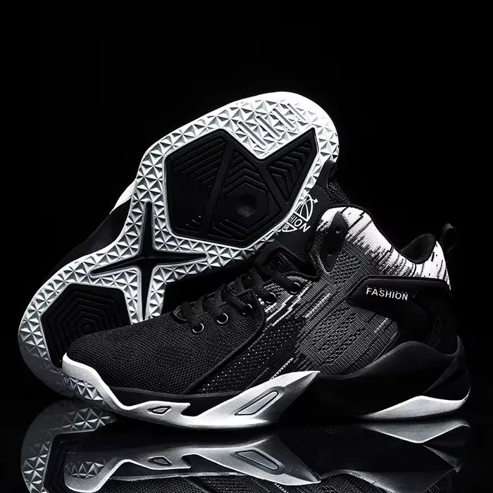 Chaussures de basket-ball montantes noires et blanches pour hommes - Baskets athlétiques en maille respirante