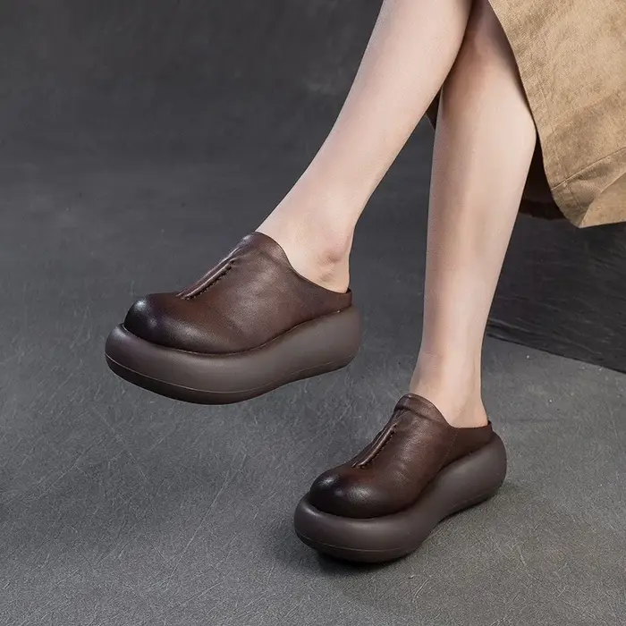 GKTINOO 2026 Nouvelles sandales d'été à semelle épaisse en cuir véritable à bout rond polyvalentes pour femmes