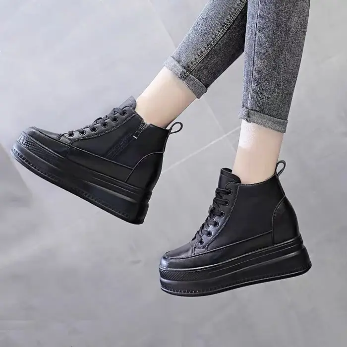 Femmes baskets hautes plate-forme respirant en cuir véritable chaussures printemps dame