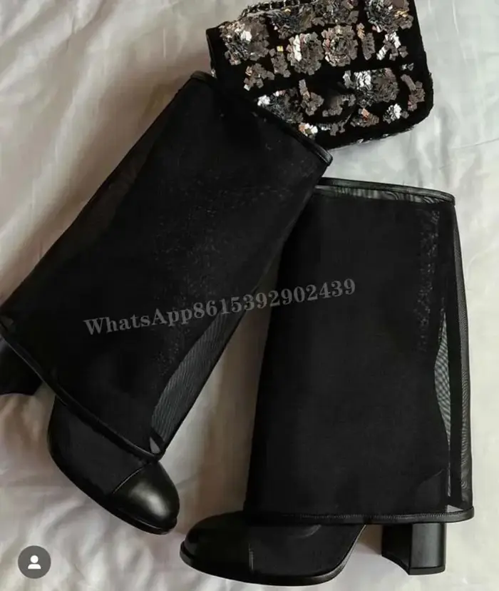 Bottes en Maille à Manches Rabattables pour Femme, Chaussures à Talon Creux, Noir, Rond, Essence, Él