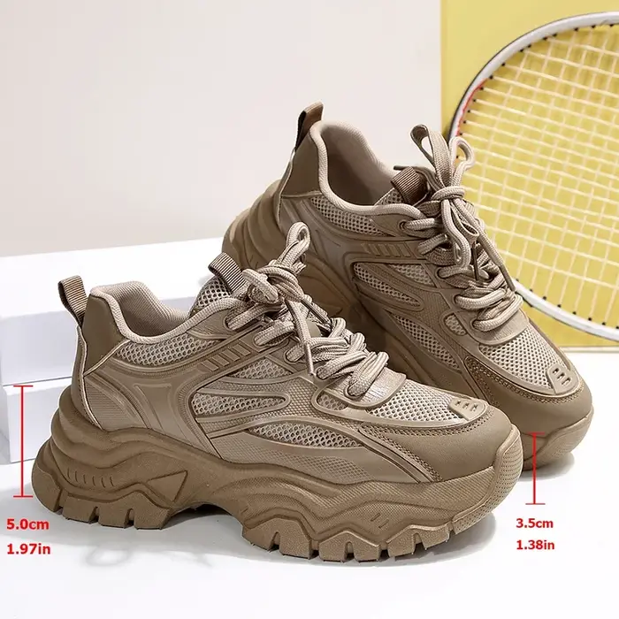 Baskets rétro kaki à plateforme épaisse pour femmes, chaussures de sport en maille respirante à fond