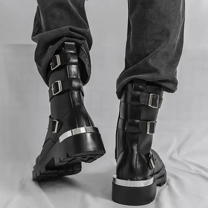Style Punk hommes bottes mode boucle de ceinture conception mi-mollet botte haute qualité en cuir