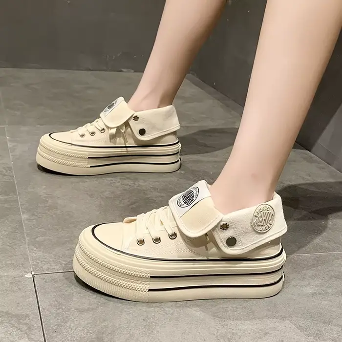 Chaussures montantes en toile à semelle épaisse pour femme, style décontracté rétro, design rehaussa