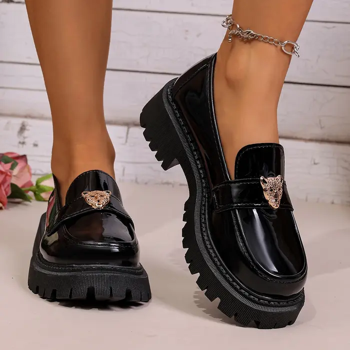 Mocassins à plateforme pour femmes, décor tête de léopard, en cuir verni, à enfiler, semelle épaisse, bout rond, style vintage, pour le bureau, le quotidien, décontracté