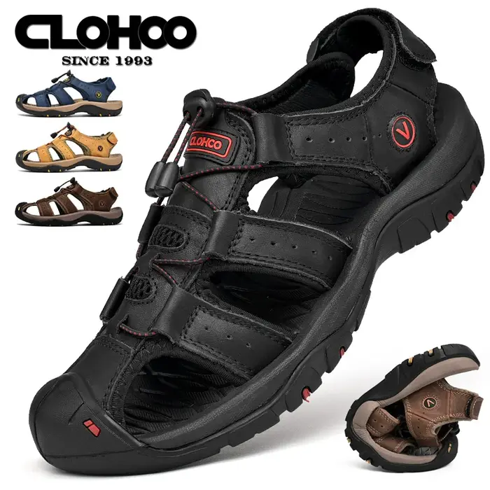 CLOHOO sandales pour hommes faites à la main fond épais en caoutchouc respirant décontracté chaussures de plage à enfiler en cuir Version améliorée