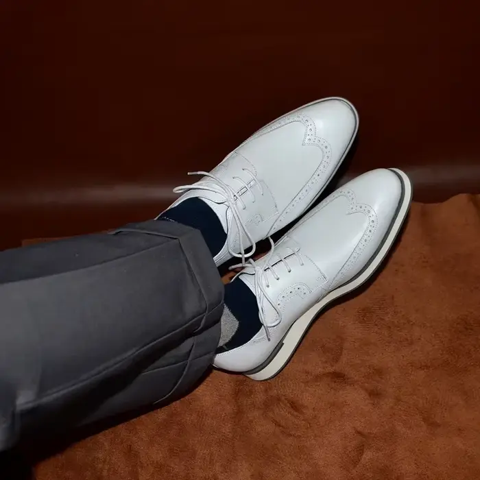 XEBOS hommes blanc été baskets en cuir véritable respirant à lacets aile pointe Derby chaussures décontracté en plein