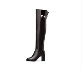 Girseaby Sexy dames mi bloc talon sur genou bottes en cuir PU grande taille 52 fête chaud hiver peluche noir F1292