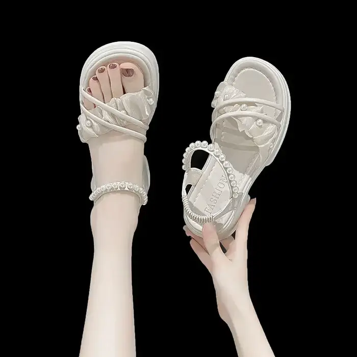 Sandales compensées avec plateforme imperméables à talons moyens avec perles pour femmes
